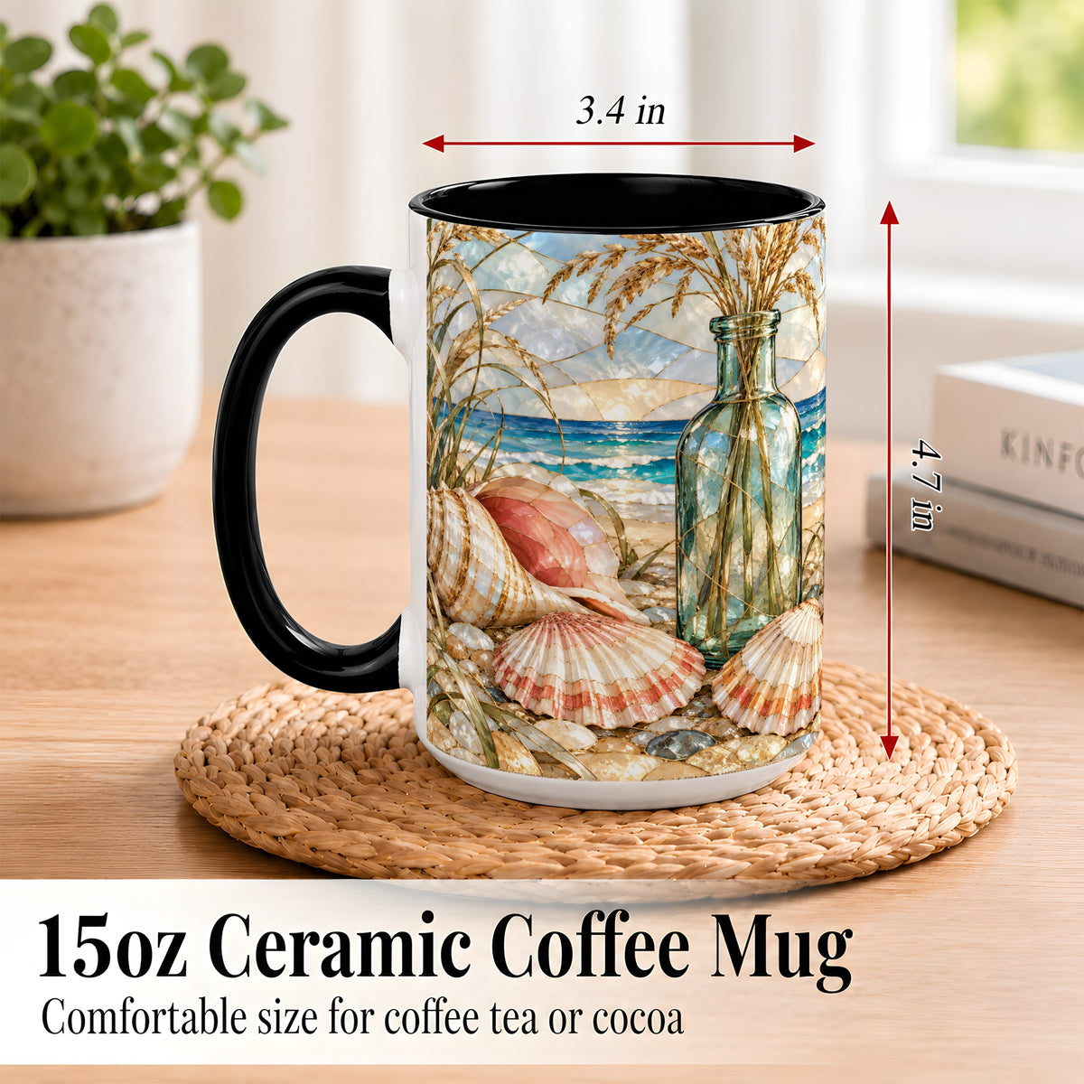 #pl[15oz|Black] Coastal Seashell Coffee Mug, Blue Bottle Beach Mug, Ceramic Cup