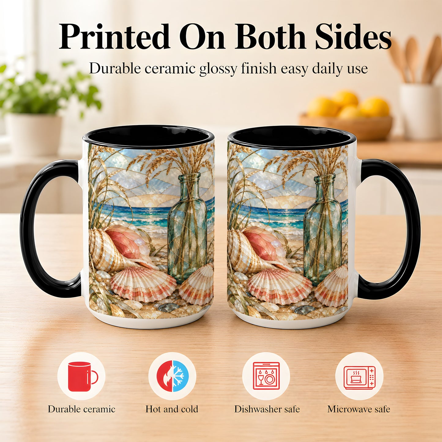 #pl[15oz|Black] Coastal Seashell Coffee Mug, Blue Bottle Beach Mug, Ceramic Cup