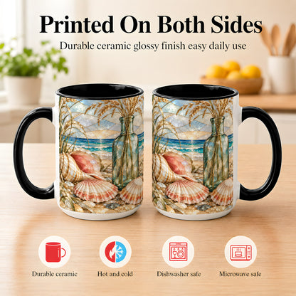 #pl[15oz|Black] Coastal Seashell Coffee Mug, Blue Bottle Beach Mug, Ceramic Cup