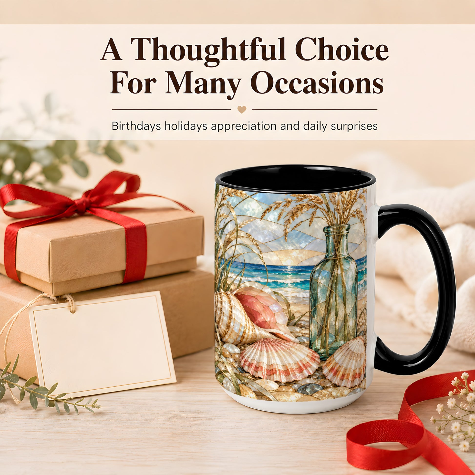#pl[15oz|Black] Coastal Seashell Coffee Mug, Blue Bottle Beach Mug, Ceramic Cup
