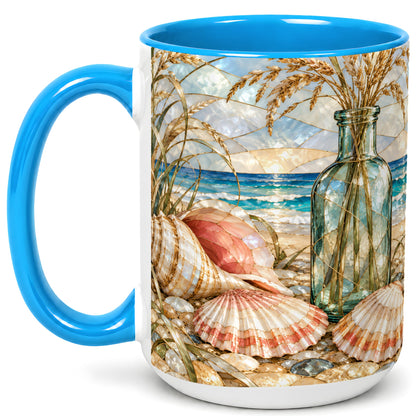 #pl[15oz|Blue] Coastal Seashell Coffee Mug, Blue Bottle Beach Mug, Ceramic Cup