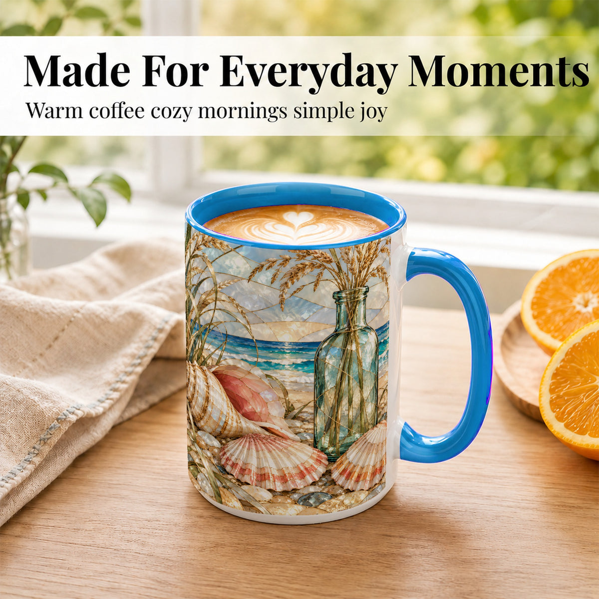 #pl[15oz|Blue] Coastal Seashell Coffee Mug, Blue Bottle Beach Mug, Ceramic Cup