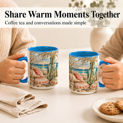 #pl[15oz|Blue] Coastal Seashell Coffee Mug, Blue Bottle Beach Mug, Ceramic Cup
