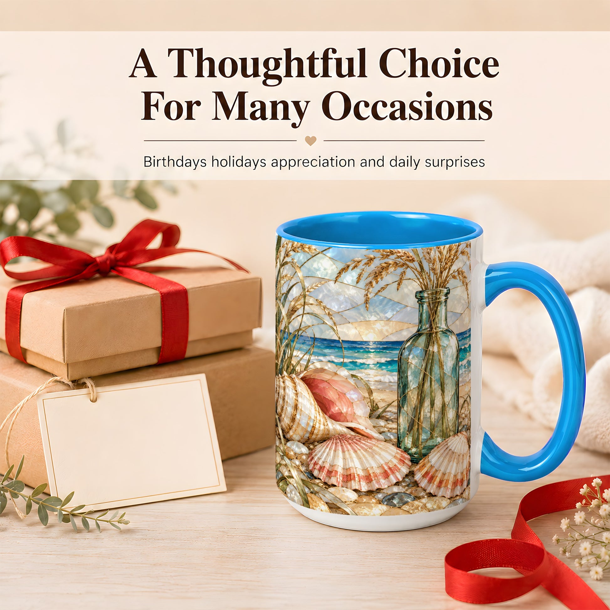 #pl[15oz|Blue] Coastal Seashell Coffee Mug, Blue Bottle Beach Mug, Ceramic Cup