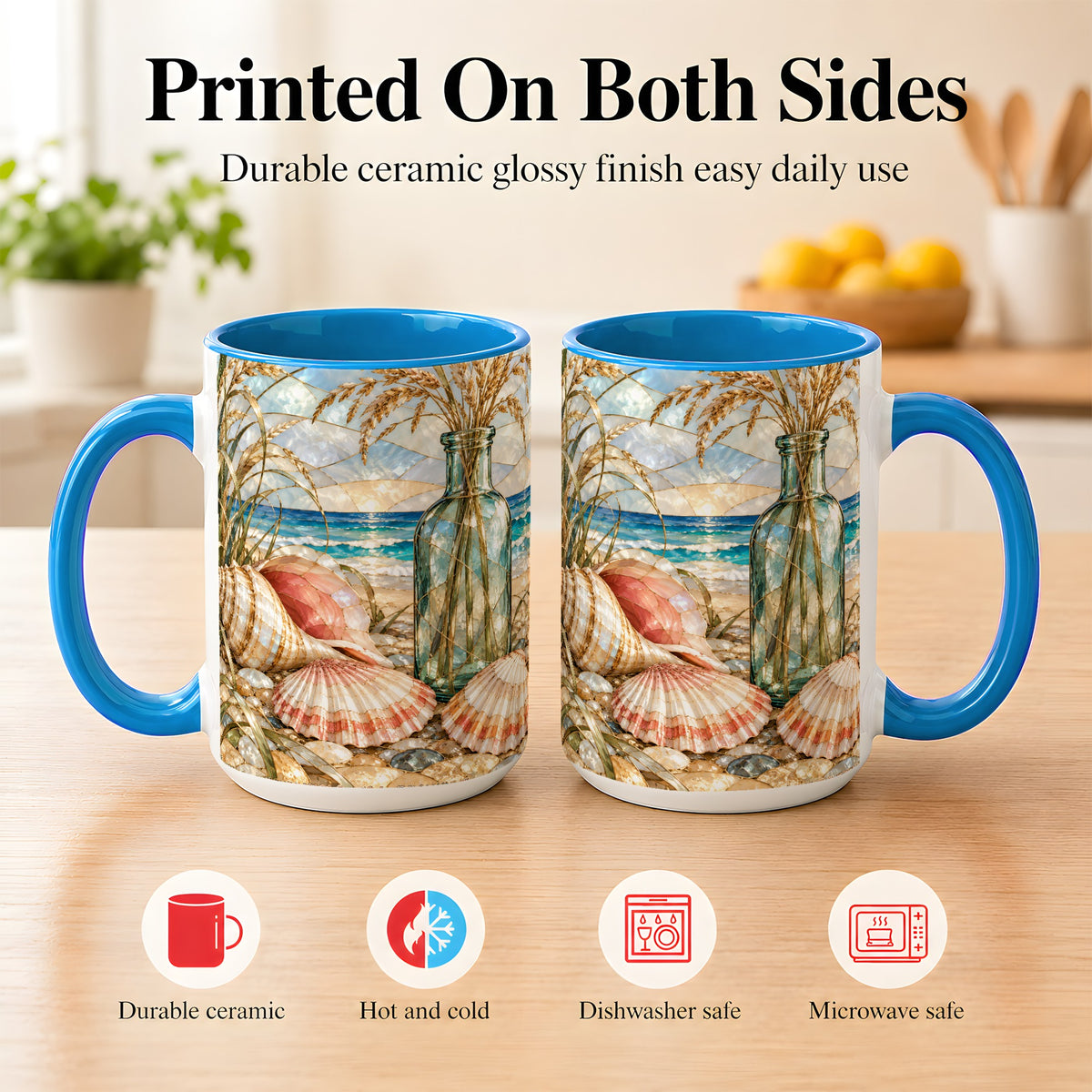 #pl[15oz|Blue] Coastal Seashell Coffee Mug, Blue Bottle Beach Mug, Ceramic Cup