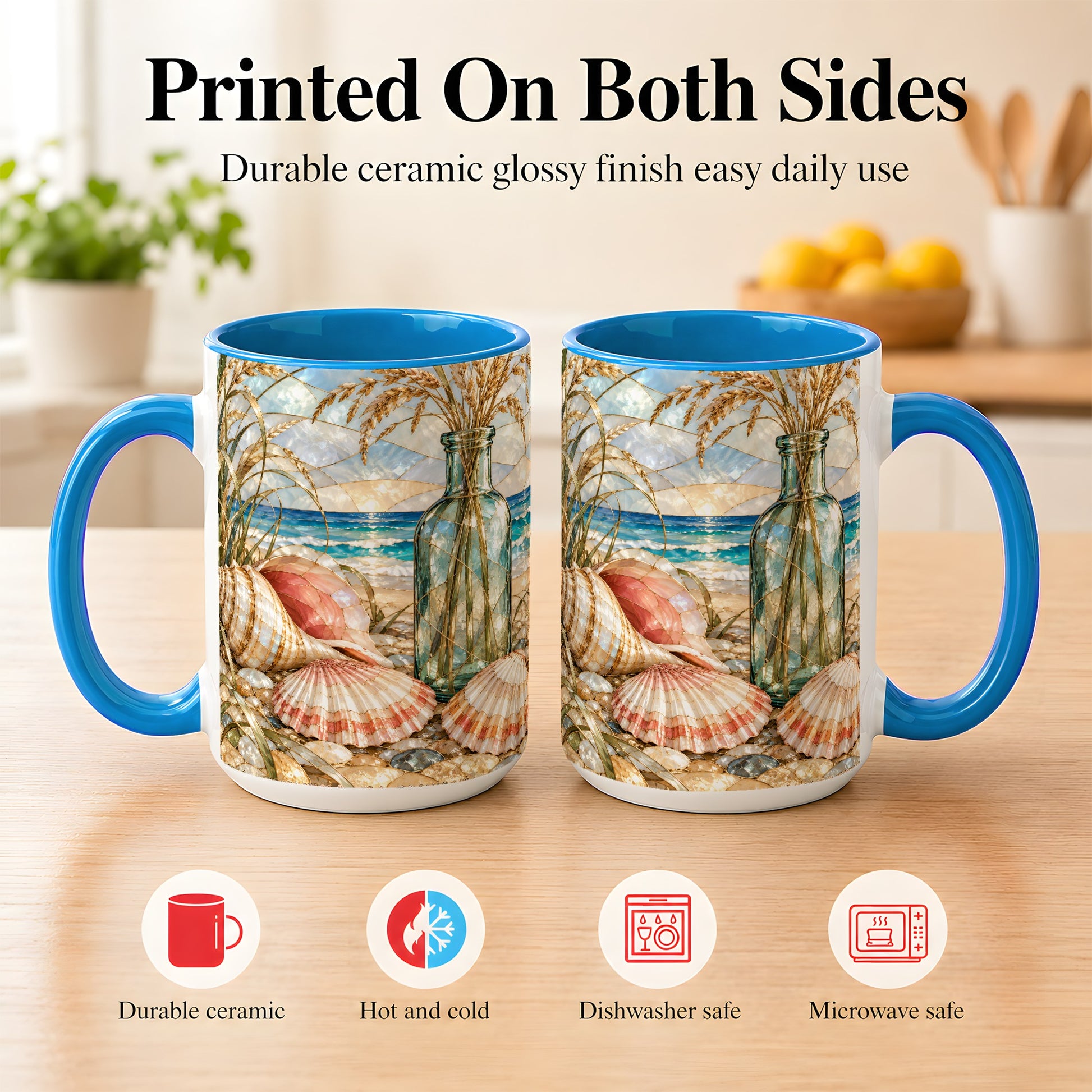 #pl[15oz|Blue] Coastal Seashell Coffee Mug, Blue Bottle Beach Mug, Ceramic Cup