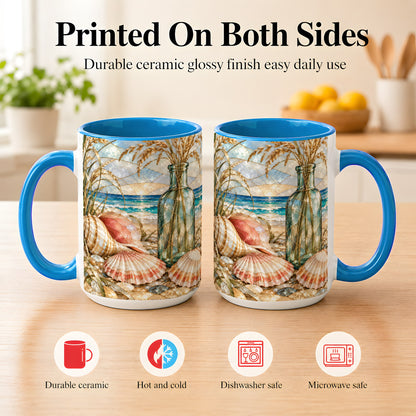 #pl[15oz|Blue] Coastal Seashell Coffee Mug, Blue Bottle Beach Mug, Ceramic Cup