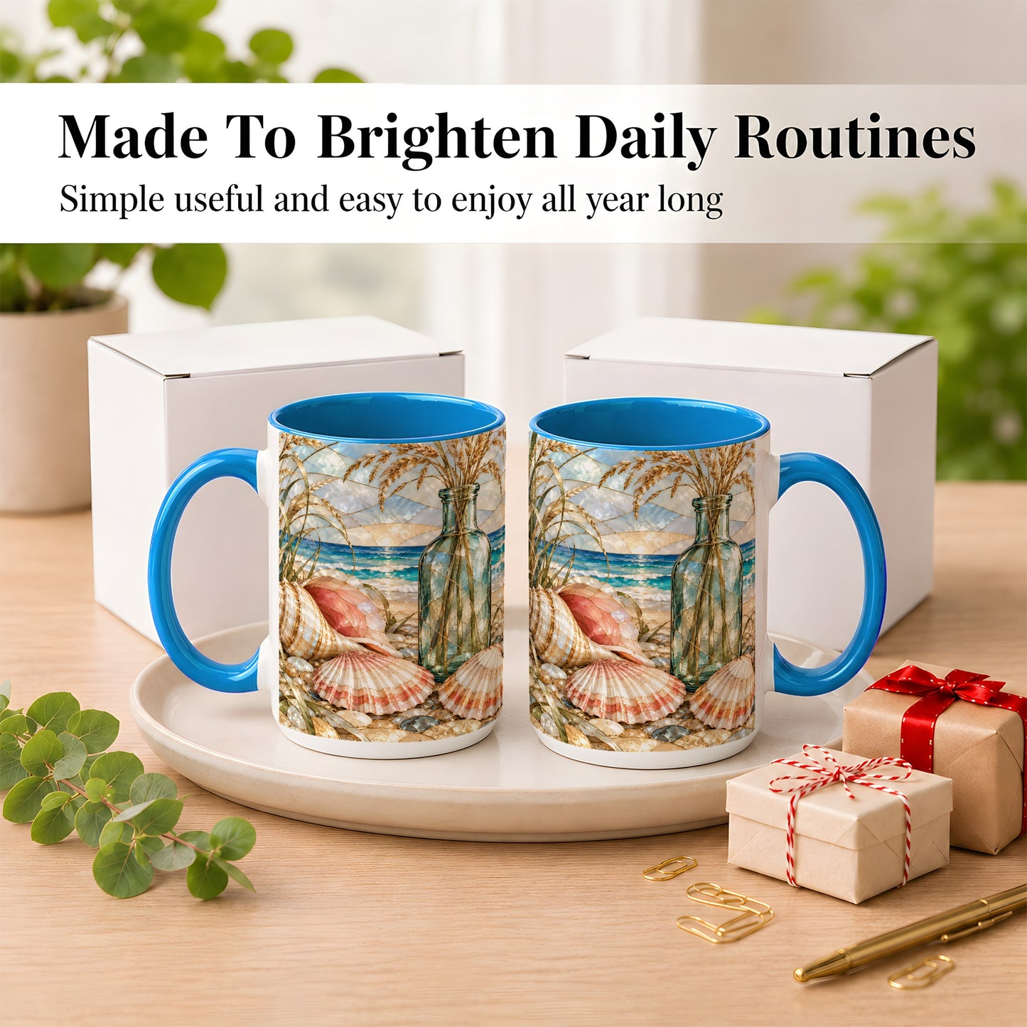 #pl[15oz|Blue] Coastal Seashell Coffee Mug, Blue Bottle Beach Mug, Ceramic Cup