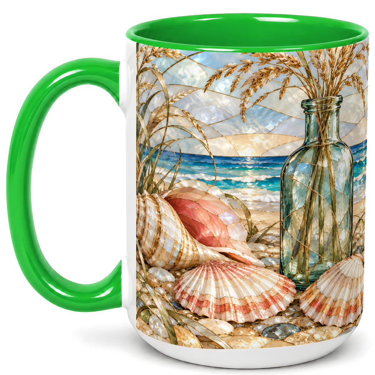 #pl[15oz|Green] Coastal Seashell Coffee Mug, Blue Bottle Beach Mug, Ceramic Cup
