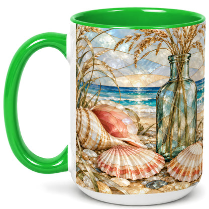 #pl[15oz|Green] Coastal Seashell Coffee Mug, Blue Bottle Beach Mug, Ceramic Cup