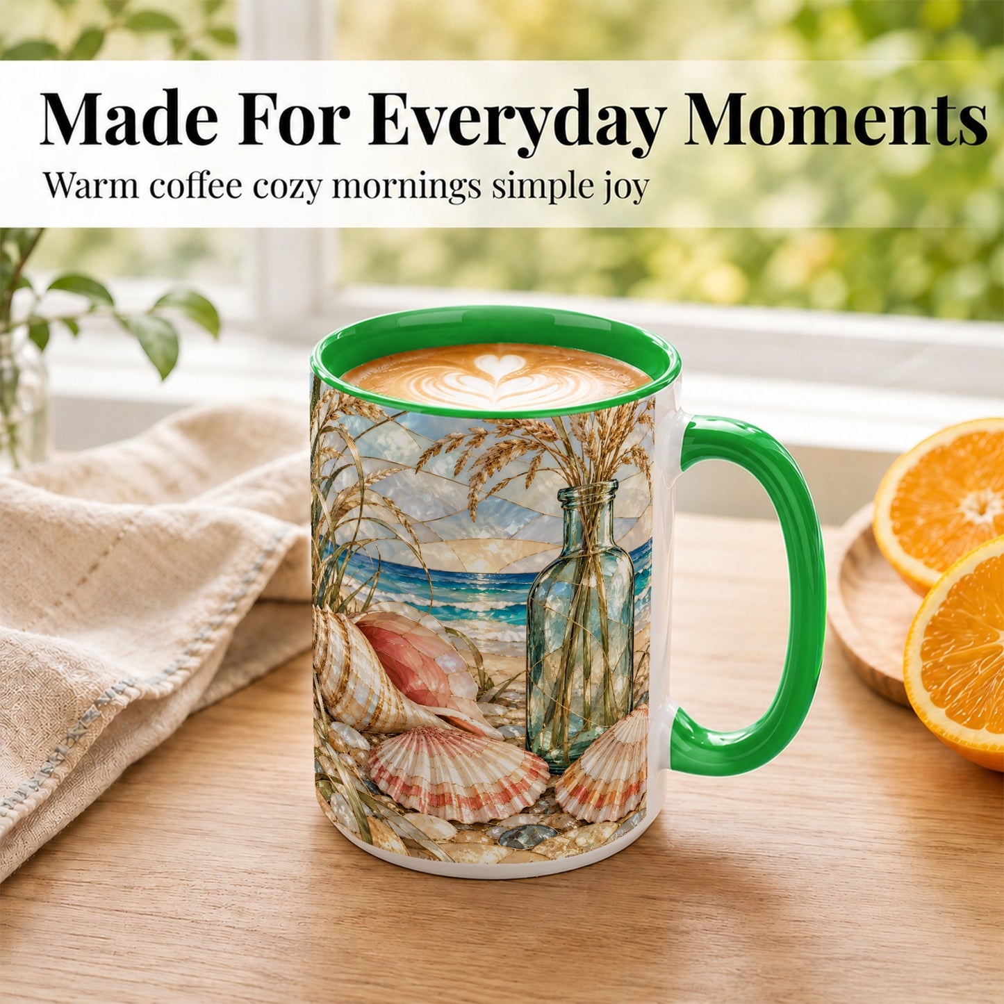 #pl[15oz|Green] Coastal Seashell Coffee Mug, Blue Bottle Beach Mug, Ceramic Cup