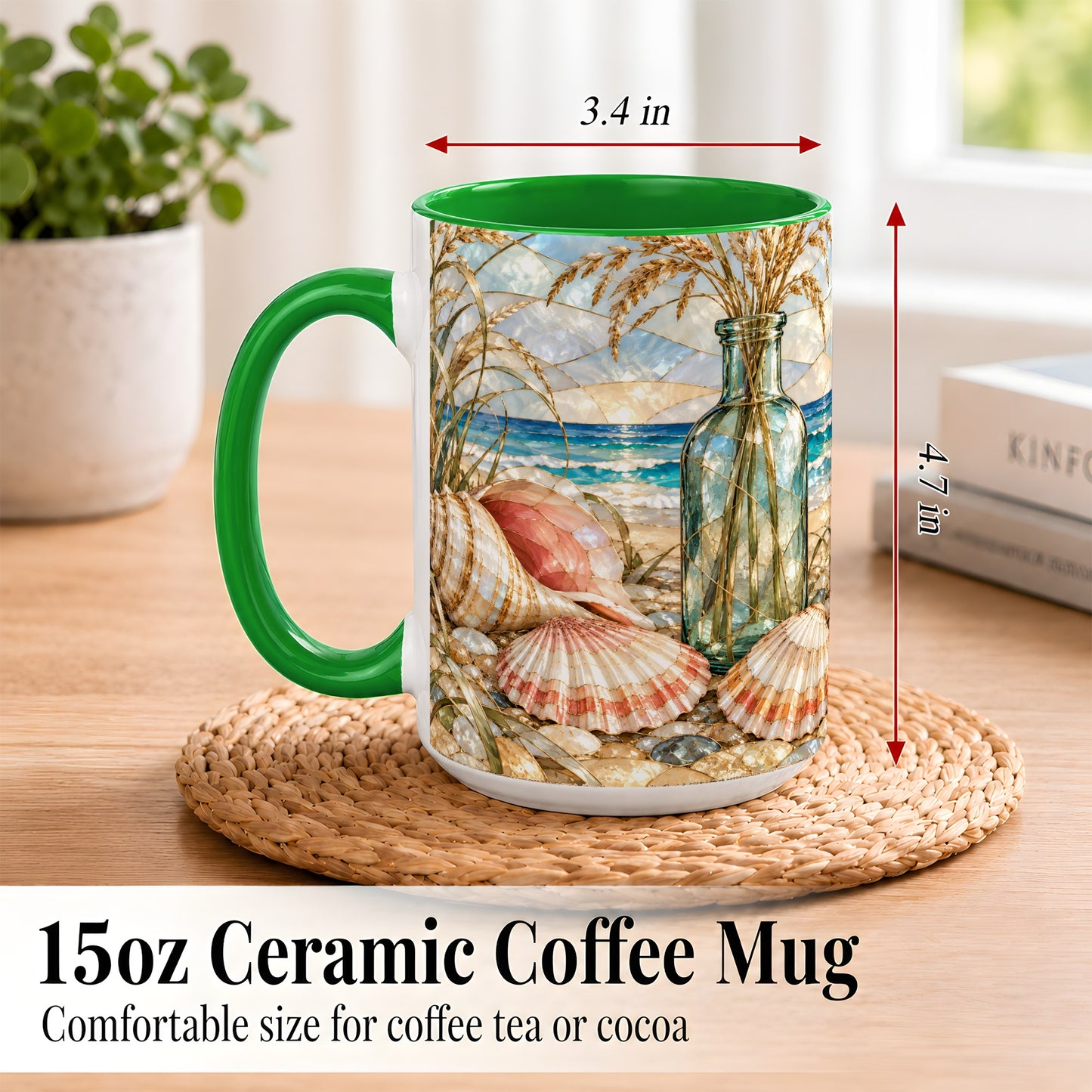#pl[15oz|Green] Coastal Seashell Coffee Mug, Blue Bottle Beach Mug, Ceramic Cup