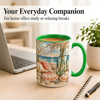 #pl[15oz|Green] Coastal Seashell Coffee Mug, Blue Bottle Beach Mug, Ceramic Cup