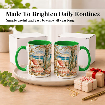 #pl[15oz|Green] Coastal Seashell Coffee Mug, Blue Bottle Beach Mug, Ceramic Cup
