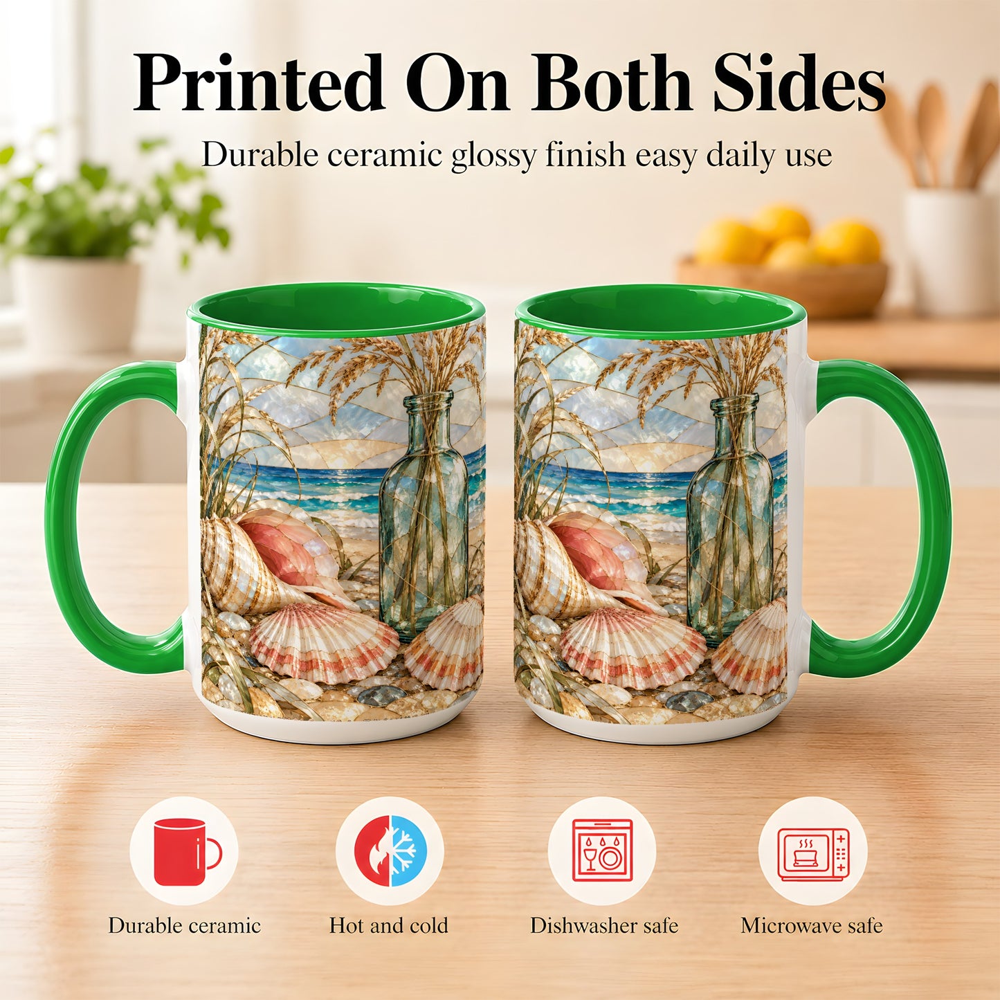 #pl[15oz|Green] Coastal Seashell Coffee Mug, Blue Bottle Beach Mug, Ceramic Cup