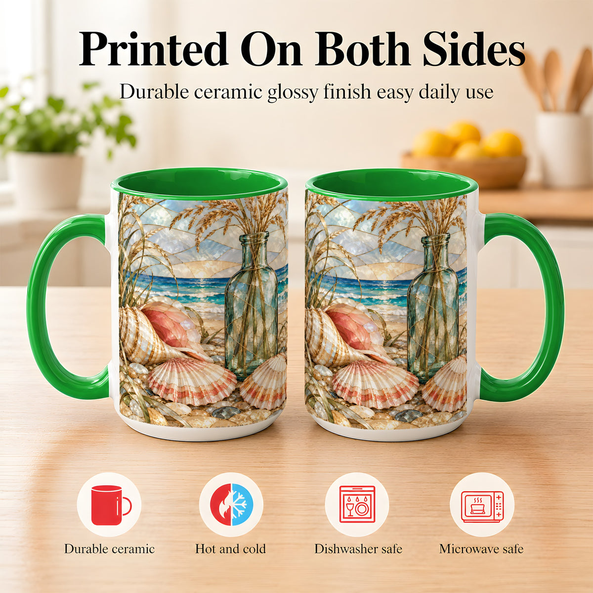 #pl[15oz|Green] Coastal Seashell Coffee Mug, Blue Bottle Beach Mug, Ceramic Cup