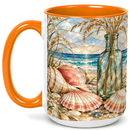 #pl[15oz|Orange] Coastal Seashell Coffee Mug, Blue Bottle Beach Mug, Ceramic Cup