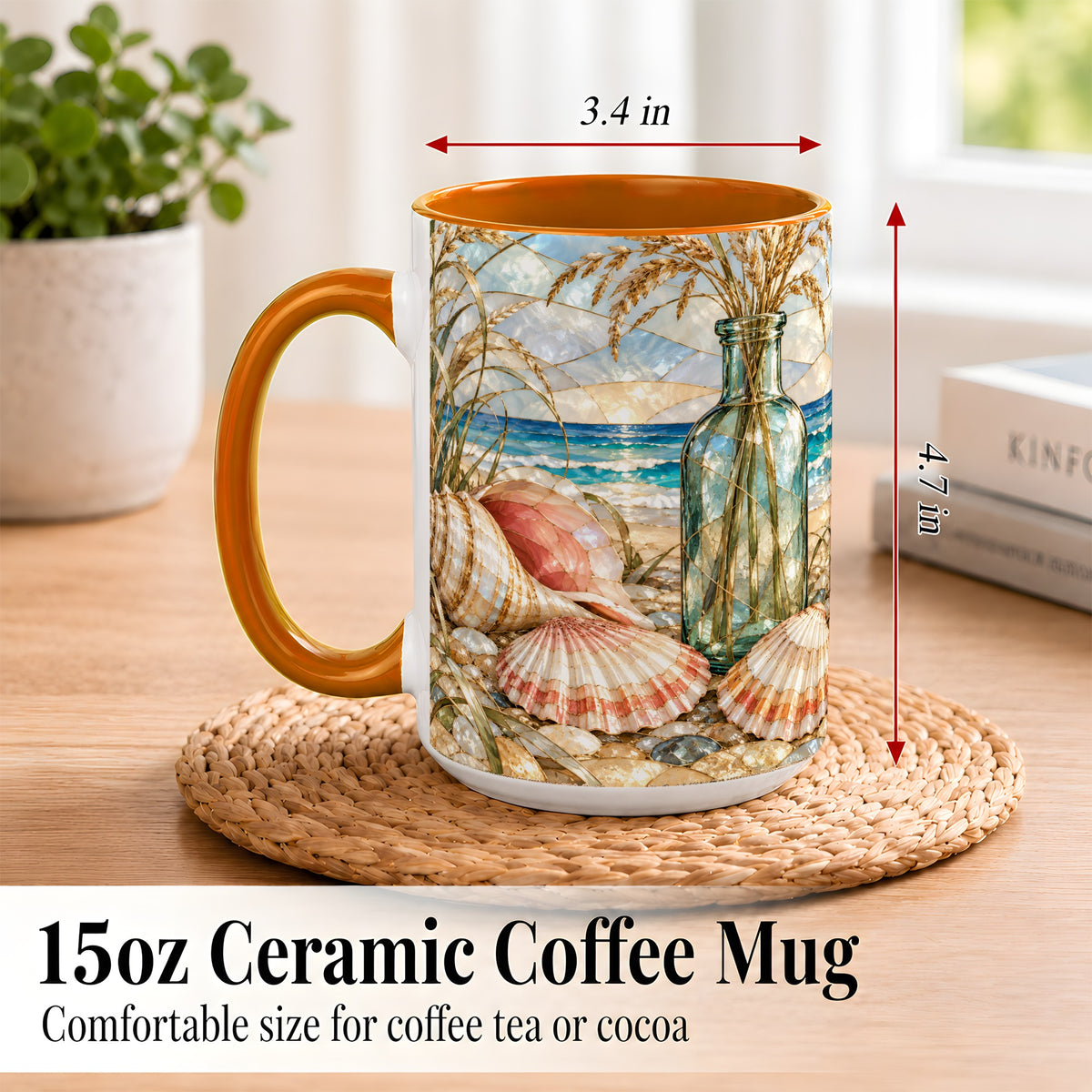 #pl[15oz|Orange] Coastal Seashell Coffee Mug, Blue Bottle Beach Mug, Ceramic Cup