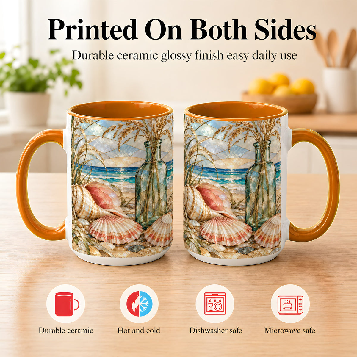 #pl[15oz|Orange] Coastal Seashell Coffee Mug, Blue Bottle Beach Mug, Ceramic Cup