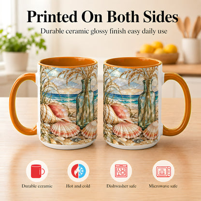 #pl[15oz|Orange] Coastal Seashell Coffee Mug, Blue Bottle Beach Mug, Ceramic Cup