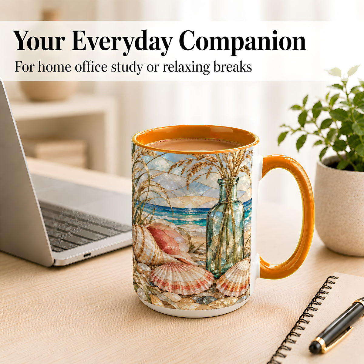 #pl[15oz|Orange] Coastal Seashell Coffee Mug, Blue Bottle Beach Mug, Ceramic Cup