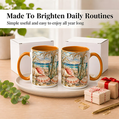 #pl[15oz|Orange] Coastal Seashell Coffee Mug, Blue Bottle Beach Mug, Ceramic Cup