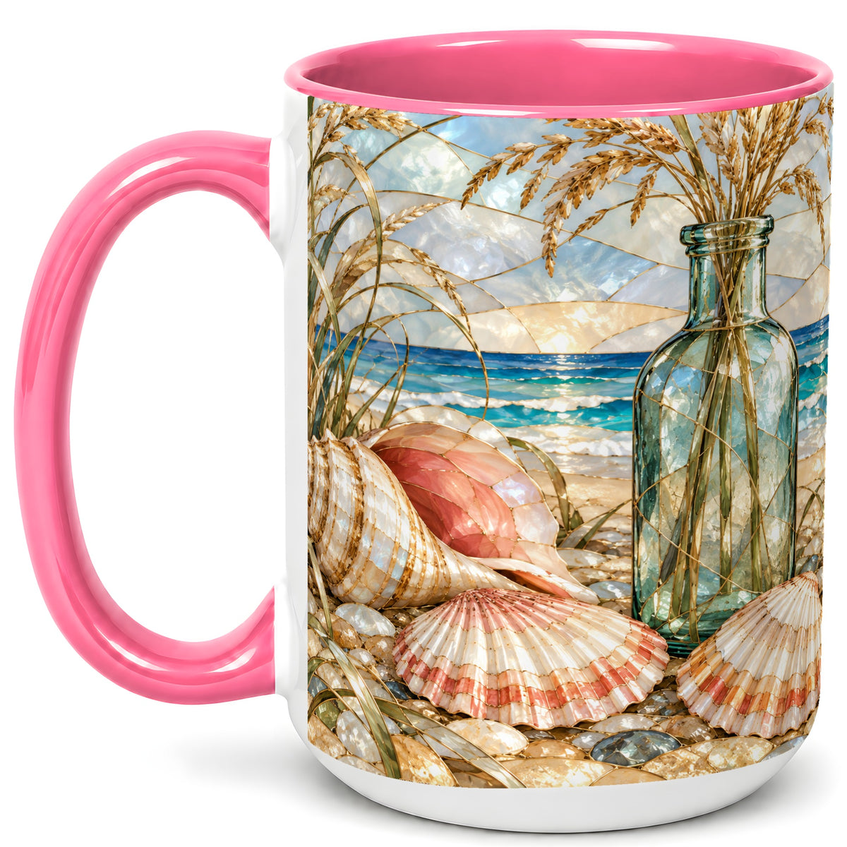 #pl[15oz|Pink] Coastal Seashell Coffee Mug, Blue Bottle Beach Mug, Ceramic Cup