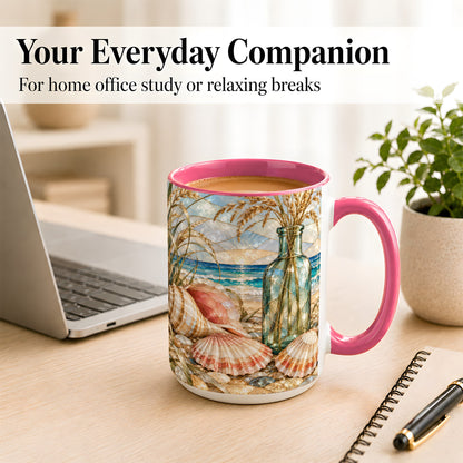 #pl[15oz|Pink] Coastal Seashell Coffee Mug, Blue Bottle Beach Mug, Ceramic Cup