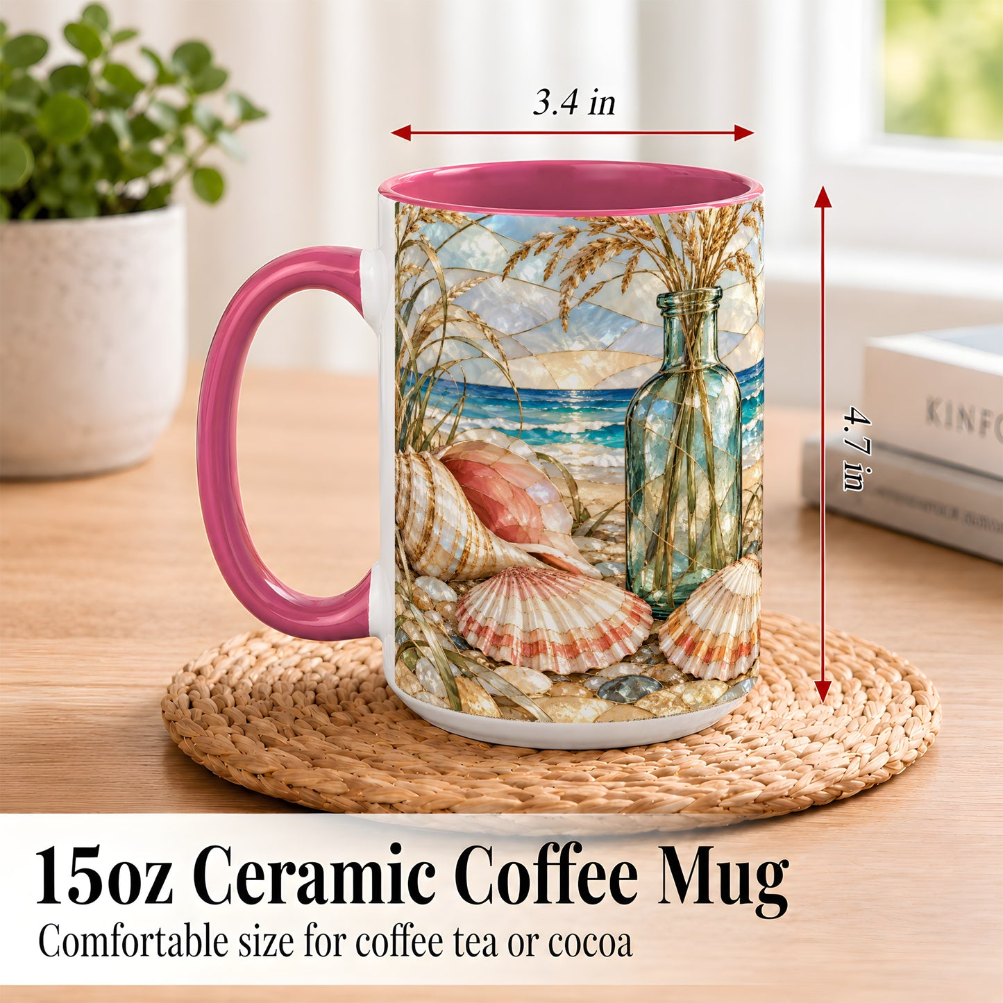 #pl[15oz|Pink] Coastal Seashell Coffee Mug, Blue Bottle Beach Mug, Ceramic Cup