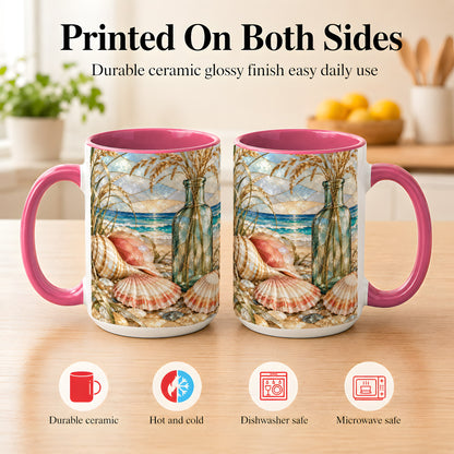 #pl[15oz|Pink] Coastal Seashell Coffee Mug, Blue Bottle Beach Mug, Ceramic Cup