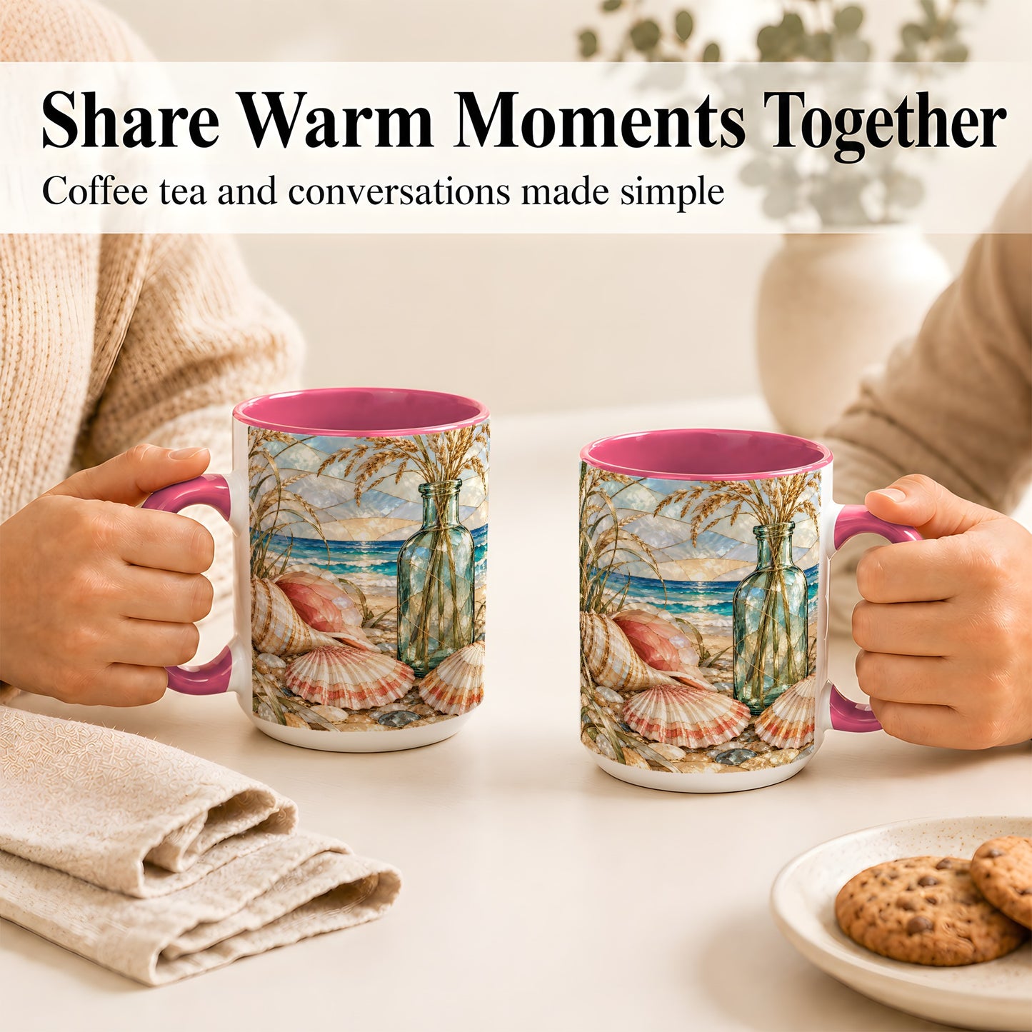#pl[15oz|Pink] Coastal Seashell Coffee Mug, Blue Bottle Beach Mug, Ceramic Cup