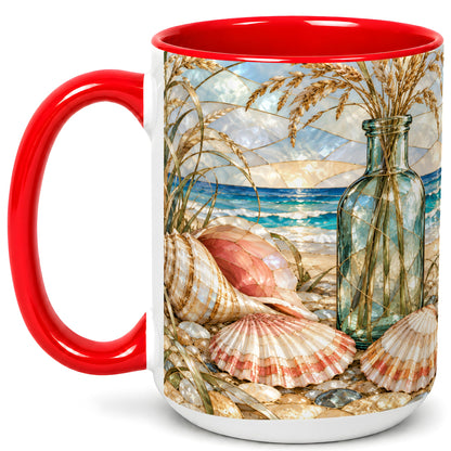 #pl[15oz|Red] Coastal Seashell Coffee Mug, Blue Bottle Beach Mug, Ceramic Cup