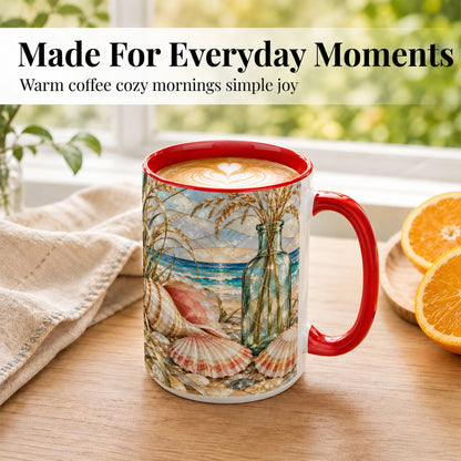 #pl[15oz|Red] Coastal Seashell Coffee Mug, Blue Bottle Beach Mug, Ceramic Cup