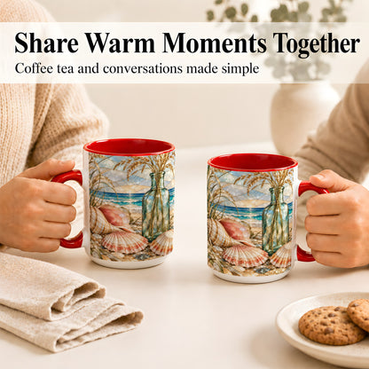 #pl[15oz|Red] Coastal Seashell Coffee Mug, Blue Bottle Beach Mug, Ceramic Cup