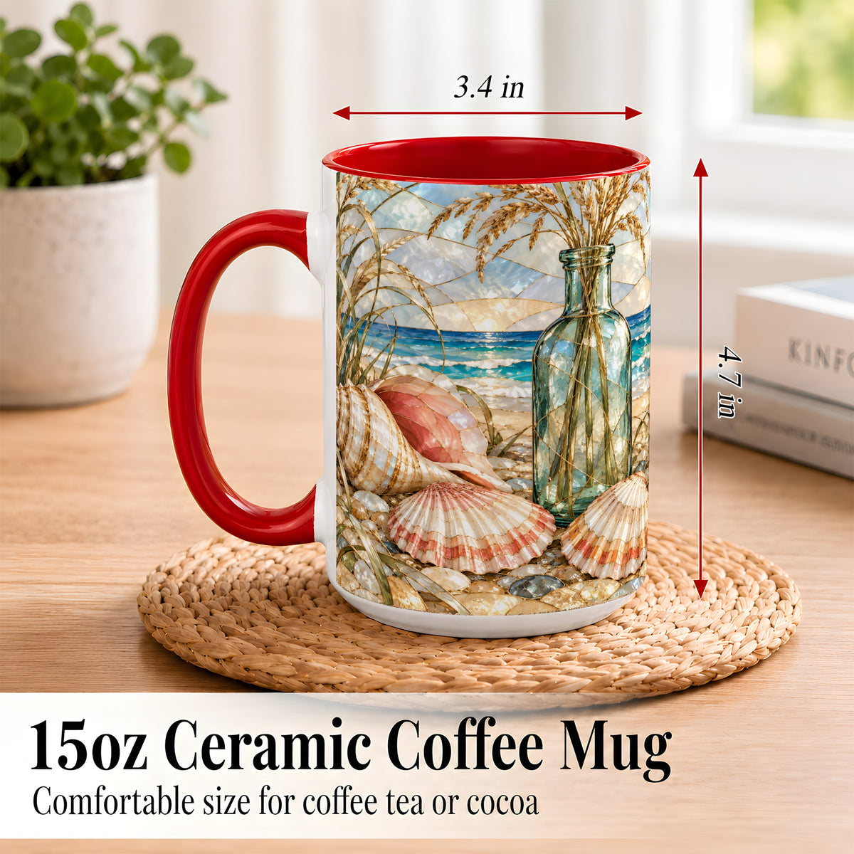#pl[15oz|Red] Coastal Seashell Coffee Mug, Blue Bottle Beach Mug, Ceramic Cup