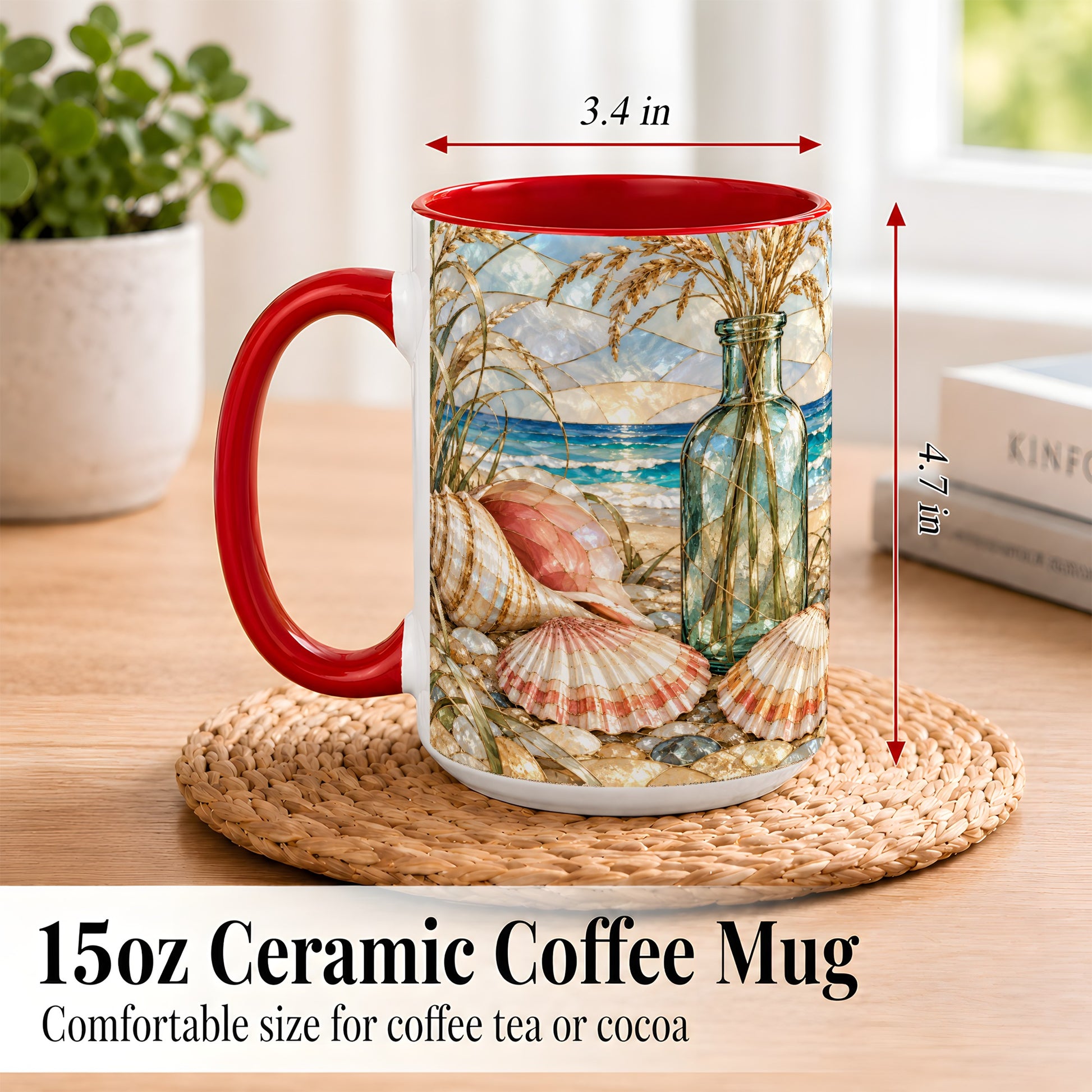 #pl[15oz|Red] Coastal Seashell Coffee Mug, Blue Bottle Beach Mug, Ceramic Cup
