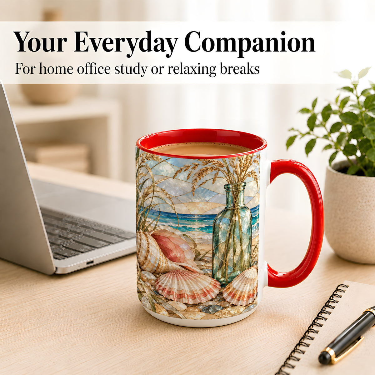 #pl[15oz|Red] Coastal Seashell Coffee Mug, Blue Bottle Beach Mug, Ceramic Cup