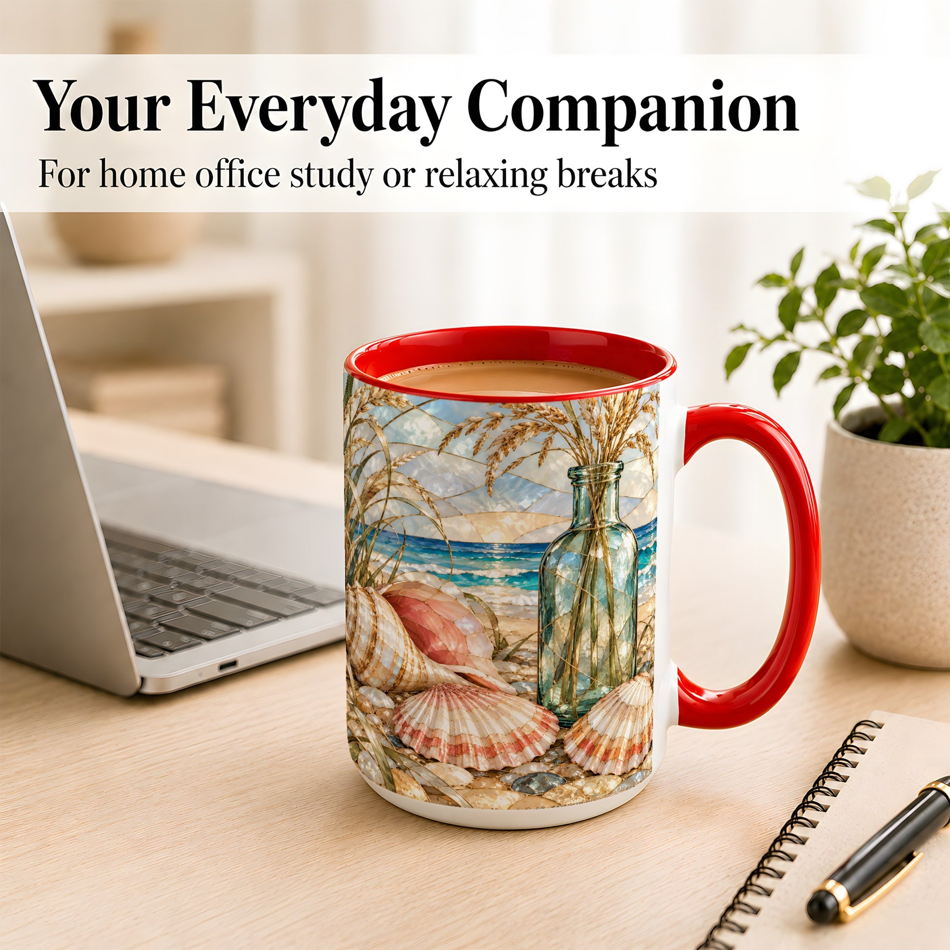 #pl[15oz|Red] Coastal Seashell Coffee Mug, Blue Bottle Beach Mug, Ceramic Cup