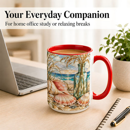 #pl[15oz|Red] Coastal Seashell Coffee Mug, Blue Bottle Beach Mug, Ceramic Cup
