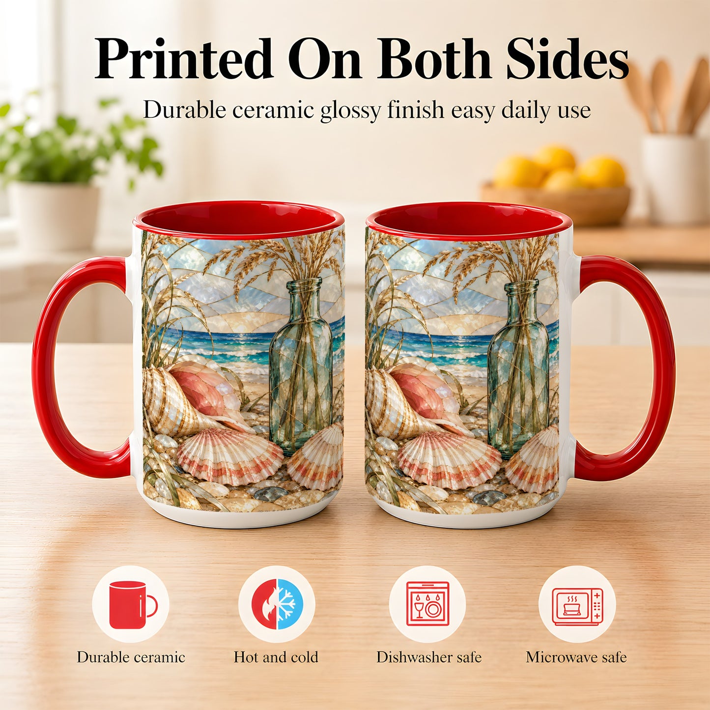 #pl[15oz|Red] Coastal Seashell Coffee Mug, Blue Bottle Beach Mug, Ceramic Cup