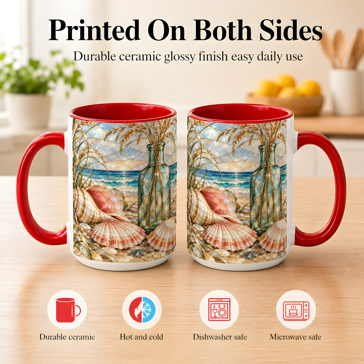 #pl[15oz|Red] Coastal Seashell Coffee Mug, Blue Bottle Beach Mug, Ceramic Cup