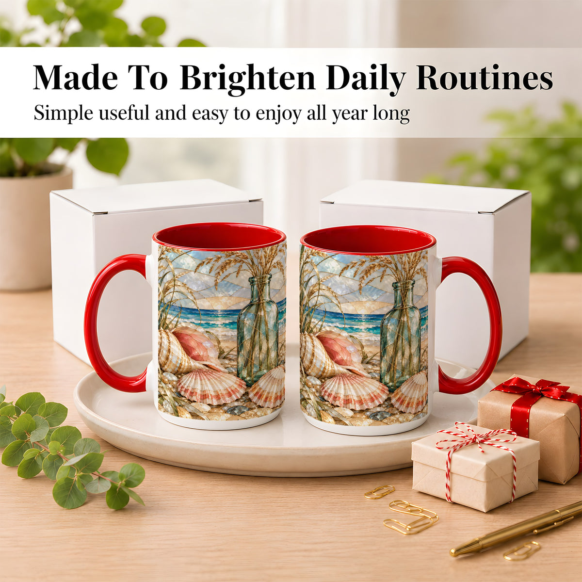 #pl[15oz|Red] Coastal Seashell Coffee Mug, Blue Bottle Beach Mug, Ceramic Cup