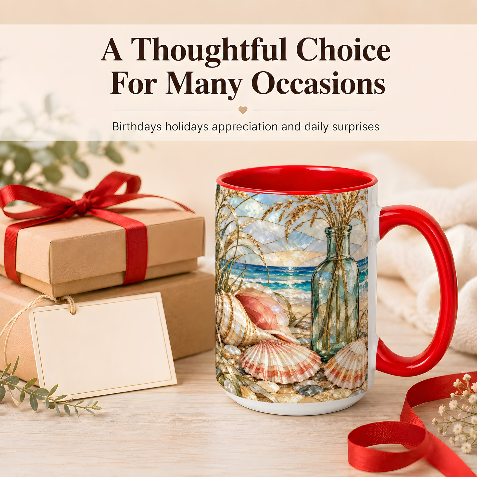 #pl[15oz|Red] Coastal Seashell Coffee Mug, Blue Bottle Beach Mug, Ceramic Cup