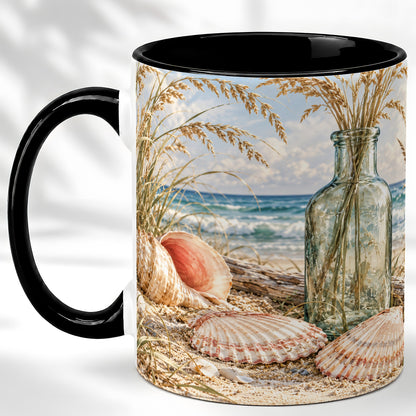 #pl[11oz|Black] Sea Oats Seashell Coffee Mug, Coastal Bottle Mug, Ceramic Cup