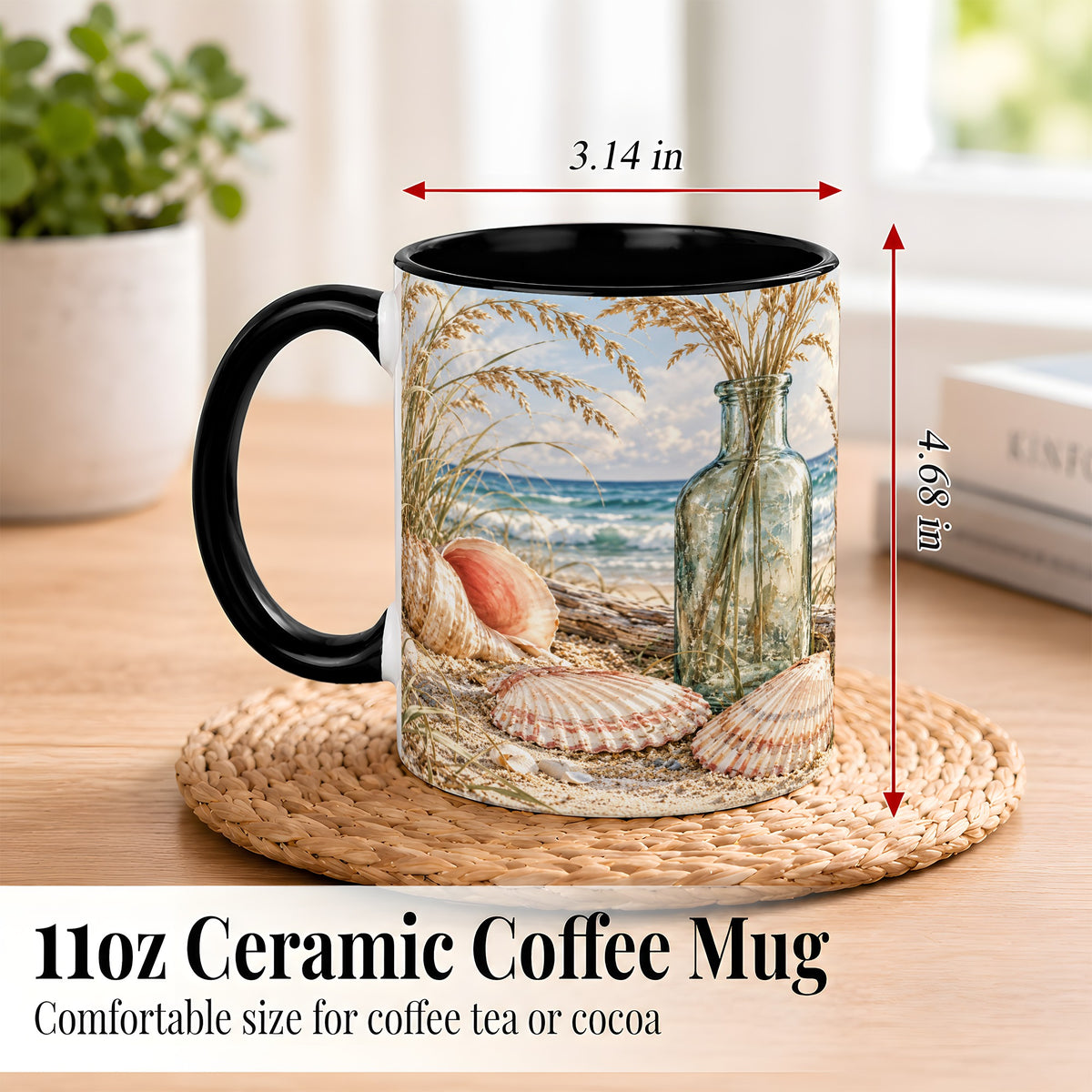 #pl[11oz|Black] Sea Oats Seashell Coffee Mug, Coastal Bottle Mug, Ceramic Cup