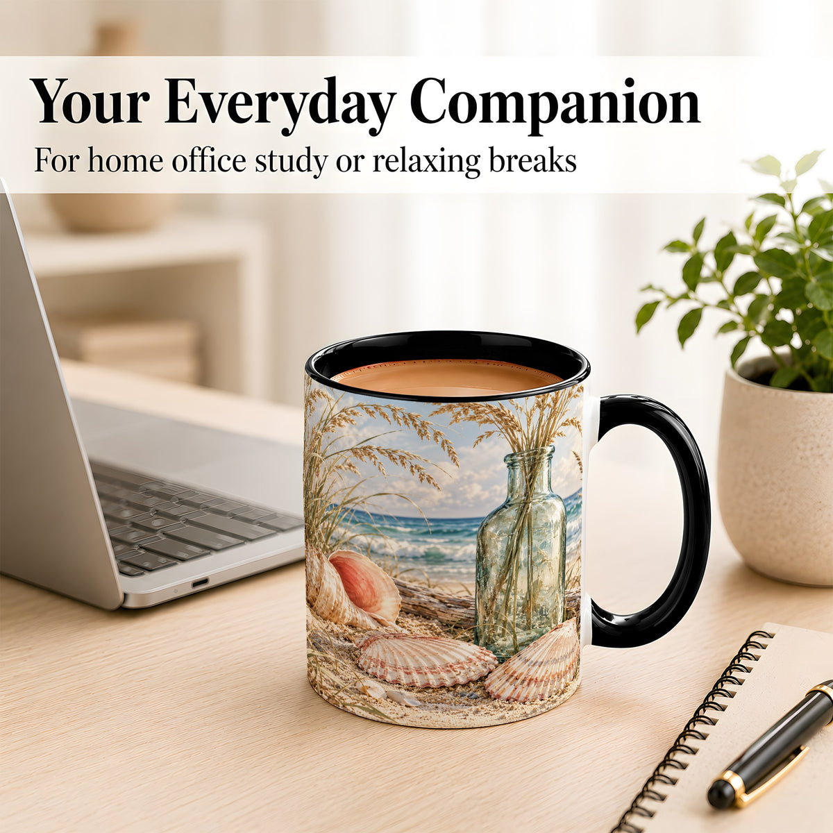 #pl[11oz|Black] Sea Oats Seashell Coffee Mug, Coastal Bottle Mug, Ceramic Cup