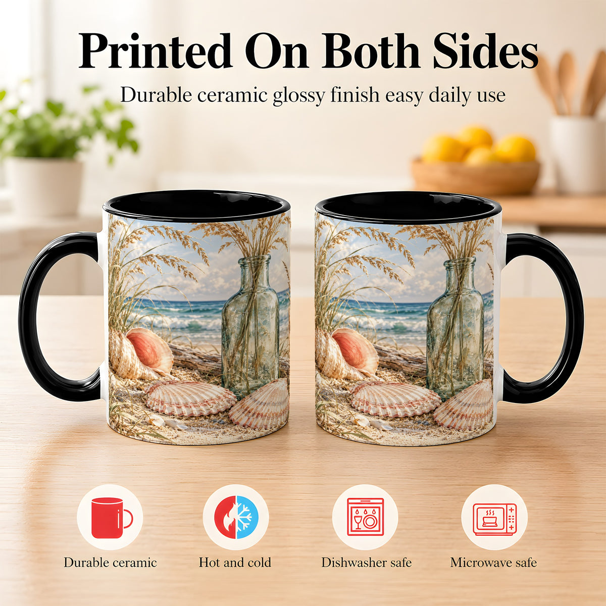 #pl[11oz|Black] Sea Oats Seashell Coffee Mug, Coastal Bottle Mug, Ceramic Cup