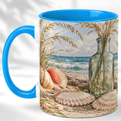 #pl[11oz|Blue] Sea Oats Seashell Coffee Mug, Coastal Bottle Mug, Ceramic Cup