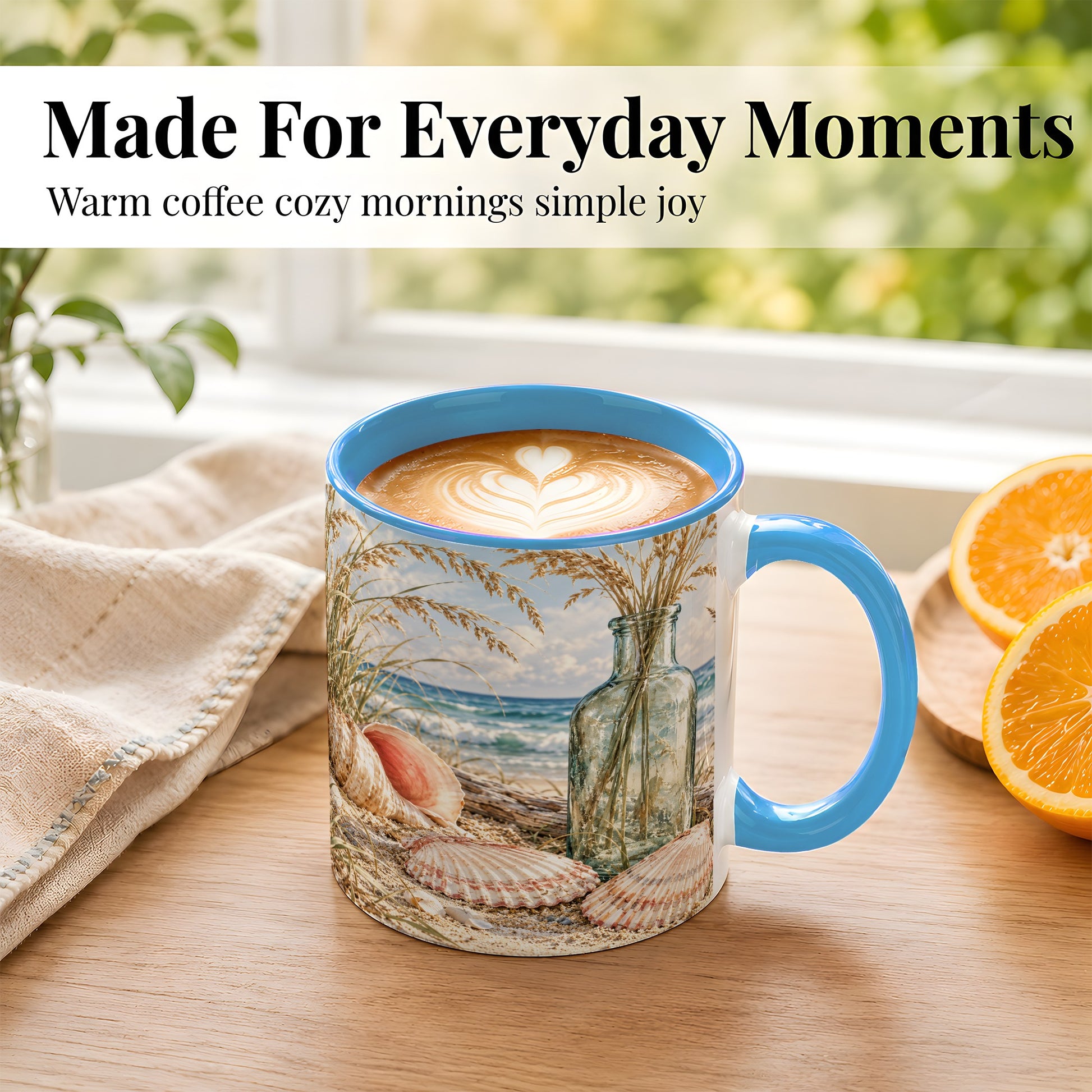 #pl[11oz|Blue] Sea Oats Seashell Coffee Mug, Coastal Bottle Mug, Ceramic Cup