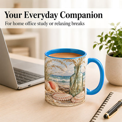 #pl[11oz|Blue] Sea Oats Seashell Coffee Mug, Coastal Bottle Mug, Ceramic Cup